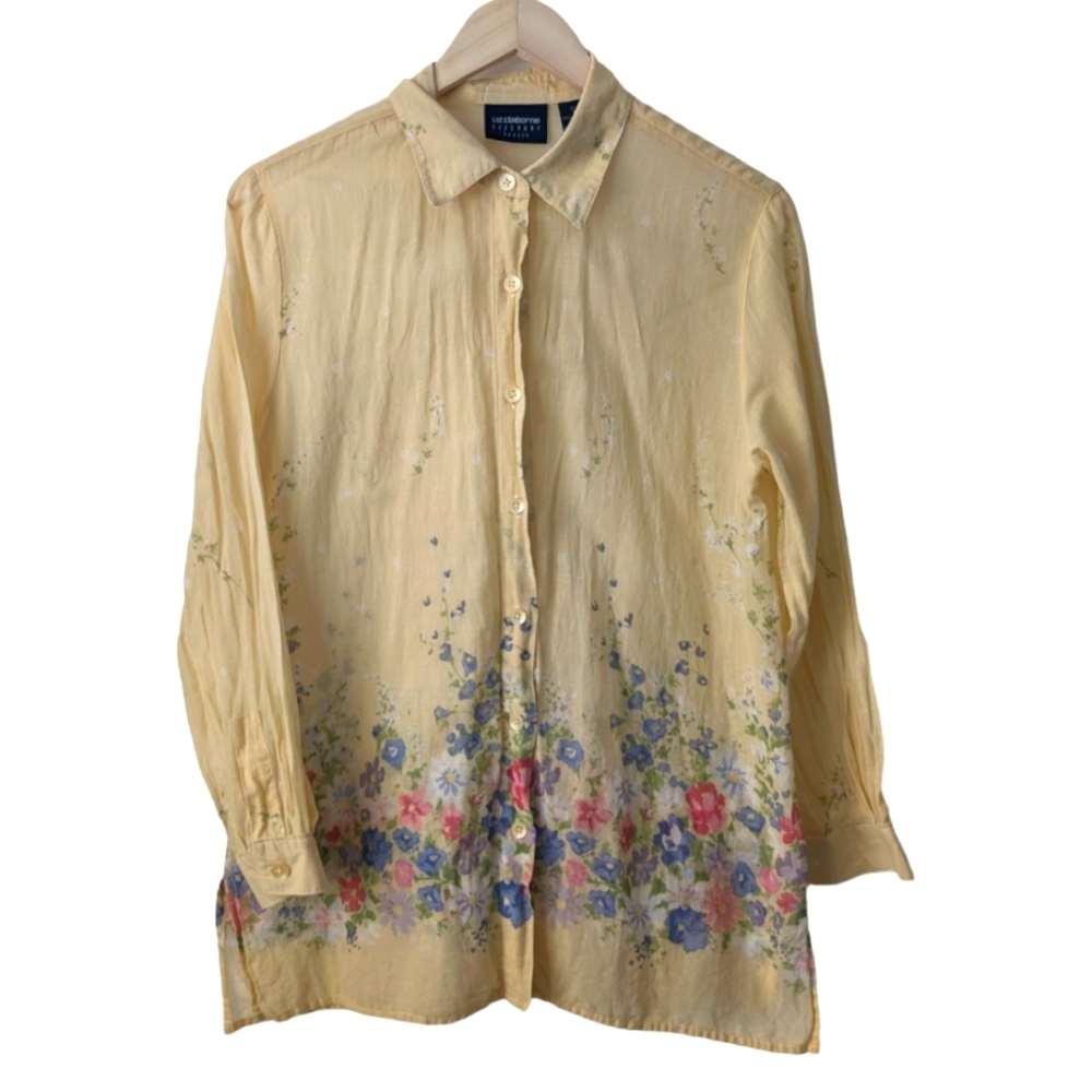 Liz Claiborne Vintage Yellow watercolor floral cotton button down, size PM